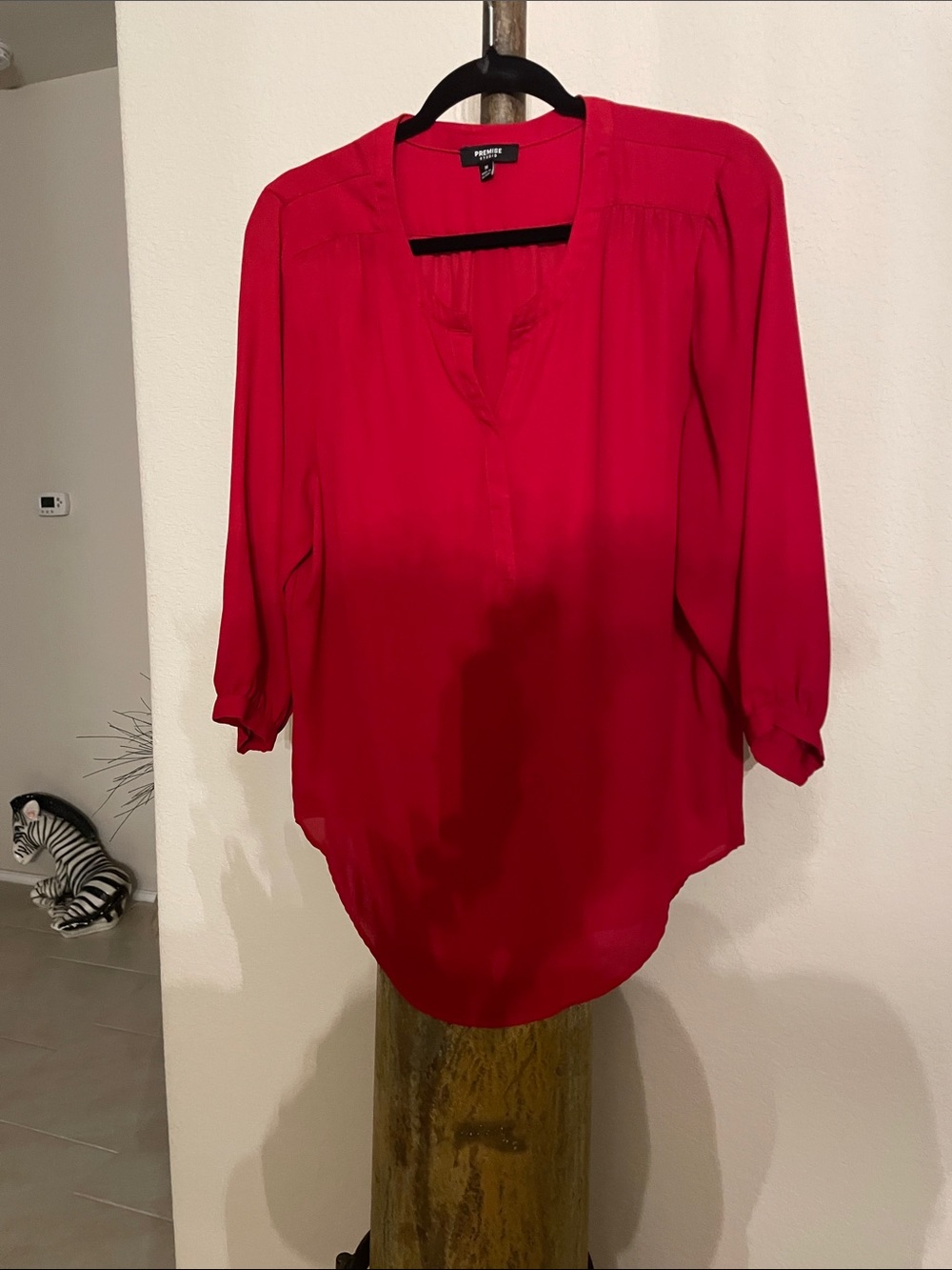 Premise Studio Bright Red Split-Neck Tunic Blouse 3/4 puff sleeves Ladies SZ M